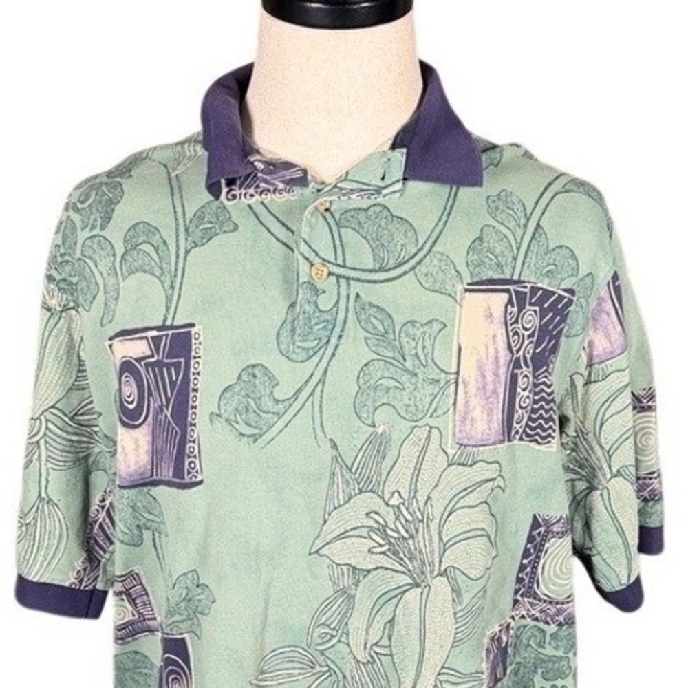 Thomas E Wilson Mens XL Sage Green Purple Abstract Floral Cotton Polo Shirt